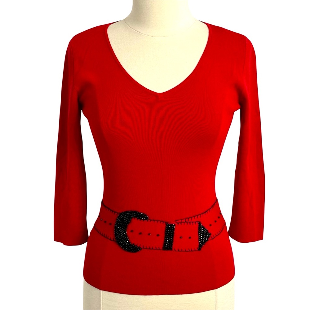 Ruby Rd Women's 3/4 Sleeve V-Neck Beaded Belt Detail Pull-over‎ Red Size XL